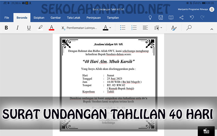 Surat Undangan Tahlil 40 hari tmb