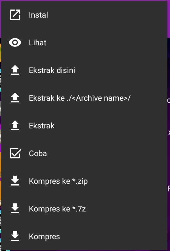 menu perintah Zarchiver